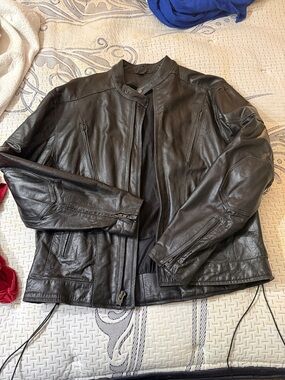 Men's Black Leather Bomber Jacket with Stand Collar